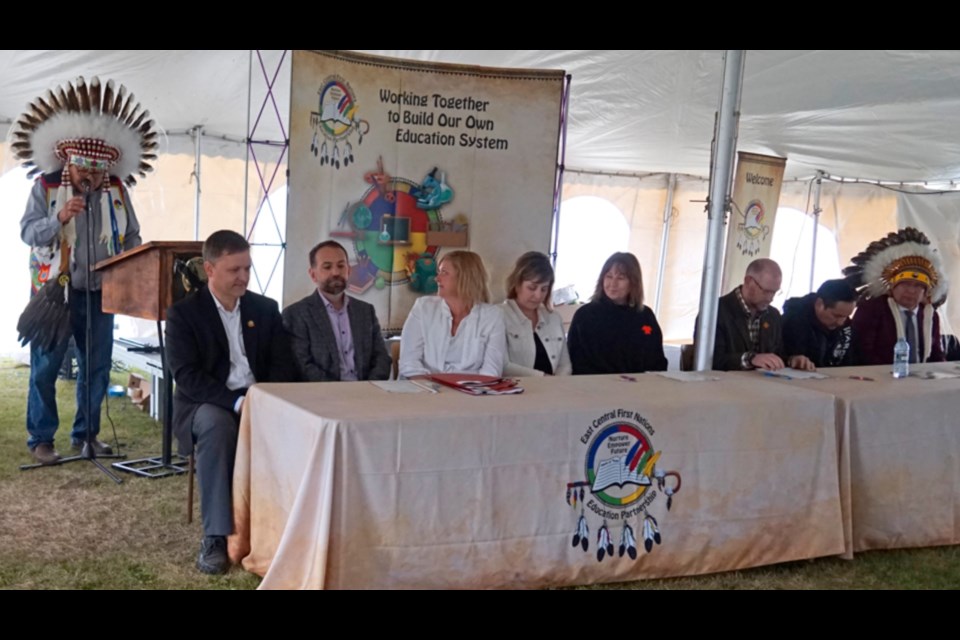 A set of education agreements were signed by the East Central First Nation Education Partnership (made up of Chakastaypasin Band, James Smith Cree Nation and the Peter Chapman Band), Indigenous Services Canada, the North East School Division and the Saskatchewan Rivers Public School Division on May 25. From left are Chakastaypasin Band Chief Calvin Sanderson; Saskatchewan Rivers Public School Division representatives Robert Bratvold, Jerrold Pidborochynski and Darlene Rowden; North East School Division representatives Stacy Lair and Marla Walton; Indigenous Services Canada representative Rob Harvey, Councillor Alvin Whitehead representing Peter Chapman Band Chief Robert Head, and James Smith Cree Nation Chief Wally Burns.